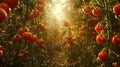 A comically oversized tomato garden: plants stretch upwards like natural skyscrapers, branches heavy with thousands