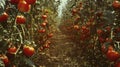 A comically oversized tomato garden, plants stretching upwards like natural skyscrapers, branches heavy with