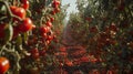 A comically oversized tomato garden, with plants stretching upwards like skyscrapers, branches heavy with thousands