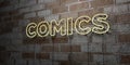 COMICS - Glowing Neon Sign on stonework wall - 3D rendered royalty free stock illustration