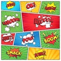 Comics page. Comic book grid frame, funny oops bam smack text speech bubbles on color stripes background vector layout Royalty Free Stock Photo