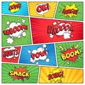 Comics page. Comic book grid frame, funny oops bam smack text speech bubbles on color stripes background vector layout template Royalty Free Stock Photo