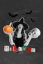 Comics sketch collage picture of funky dangerous witch enjoying halloween season isolated grey color background