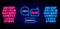 Comics speech bubbles neon sign collection. Yep, hooray and sale shiny text. Blue and pink alphabet. Vector illustration