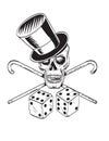 Skull Wearing Top Hat with Crossed Cane and Dice Front View Comics Style Drawing