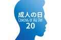 Coming of Age Day - Japanese holiday. Inscription Coming of Age Day in japanese and english. Young adult man silhouette