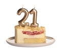 Coming of age party - 21st birthday. Delicious cake with number shaped candles on table against white background Royalty Free Stock Photo