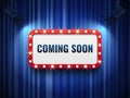 Coming soon background. special announcement concept with blue curtains, spotlights and light marquee sign. Vector