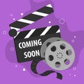 Coming soon banner background with film strip and clapper board. Royalty Free Stock Photo