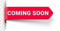 Coming soon banner, label tag, sign or sticker corner, vector red bookmark ribbon. Coming soon label banner for new open or store Royalty Free Stock Photo