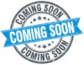 Coming soon blue round grunge ribbon stamp Royalty Free Stock Photo