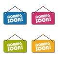 Coming Soon Hanging Sign Set - Vector Illustration - Isolated On White Background Royalty Free Stock Photo
