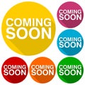 Coming Soon icons set with long shadow Royalty Free Stock Photo