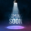 Coming soon illuminated with light projector blank stage realistic vector illustration. Sale market commerce concept Royalty Free Stock Photo