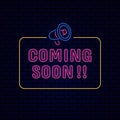 Coming soon information board sign poster Retro glowing neon light effect for night entertainment with megaphone icon vector