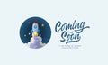 Coming soon lettering with flat style rocket in space sign web template. Page under construction website vector colorful