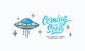Coming soon lettering with outlined UFO sign web template. Page under construction website vector colorful banner