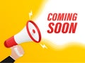Coming soon megaphone on white background for flyer design. Vector illustration in flat style. Royalty Free Stock Photo