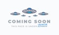 Coming soon outline style UFO invasion attack sign web template. Page under construction website vector colorful banner Royalty Free Stock Photo