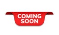 Coming soon red ribbon label banner. Open available now sign or coming soon tag Royalty Free Stock Photo