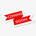 Coming soon red ribbon label banner, paper sticker Royalty Free Stock Photo