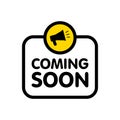 Coming soon sign with announcement megaphone. Vector flat illustration on white background Royalty Free Stock Photo