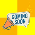 Coming soon sign with announcement megaphone. Vector flat illustration on white background. Royalty Free Stock Photo