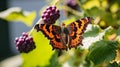 A comma butterfly perched on a berry tree