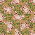 Comma butterfly vector seamless pattern background. Ochre green red backdrop of flying butterflies and texture. Open