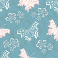 Comma butterfly vector seamless pattern background. Pink blue backdrop with flying butterflies and flowers. Open