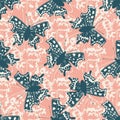 Comma butterfly vector seamless pattern background. Pink blue backdrop with flying butterflies and texture. Open Royalty Free Stock Photo