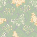 Comma butterfly vector seamless pattern background. Pink green backdrop with flying butterflies and flowers. Open Royalty Free Stock Photo