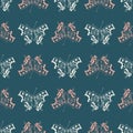 Comma butterfly vector seamless pattern background. Teal Backdrop with flying butterflies, alternating pink white. Open