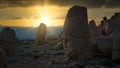 Commagene statues on the summit of Mount Nemrut during sunset in Adiyaman, Turkey Royalty Free Stock Photo