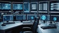 A command center with multiple monitors displaying a variety of data, graphs, and maps, all in shades of blue and white Royalty Free Stock Photo