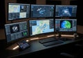 Screens displaying various data: maps, weather patterns, global Royalty Free Stock Photo