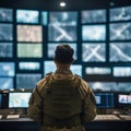 Command and Control, Soldier\'s Role in the War Room with Large Screens and Maps, Generative AI