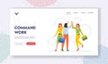 Command Work Success Celebration Landing Page Template. Cheerful Female Characters Giving High Five, Business Success
