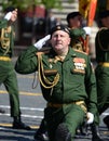 The commander type guards tank division Kantemirovskaya Colonel Oleg Verkhoglyad during the parade on red square.