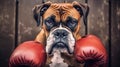A commanding portrait of a stern Boxer dog, wearing boxing