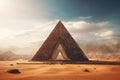 The commanding presence of a pyramid standing alone in the vastness of the desert, A pyramid structure surrounded by desert sands