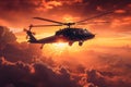 Commando mission helicopter drop with a vibrant sunset backdrop