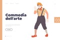 Commedia dell arte promotion landing page design template with male mime cartoon character