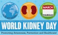 Globe, Kidneys and Calendar with Date for World Kidney Day, Vector Illustration