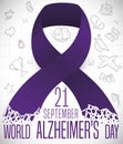 Purple Ribbon with Doodles like Memories in World Alzheimer`s Day, Vector Illustration