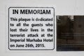 Commemorative plaque of the victims of the terrorist act of 2015. A memorial inscription on the wall of the hotel Imperial Marhaba