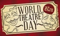 Commemorative Ticket with Masks for World Theatre Day Celebration, Vector Illustration