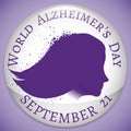 Button with Silhouette Woman`s Fading for World Alzheimer`s Day, Vector Illustration