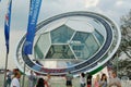 Commentator cabin of glass in the form of a football on the Sparrow hills in the fan zone in Moscow.