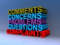 Comments concerns problems questions complaints on blue Royalty Free Stock Photo